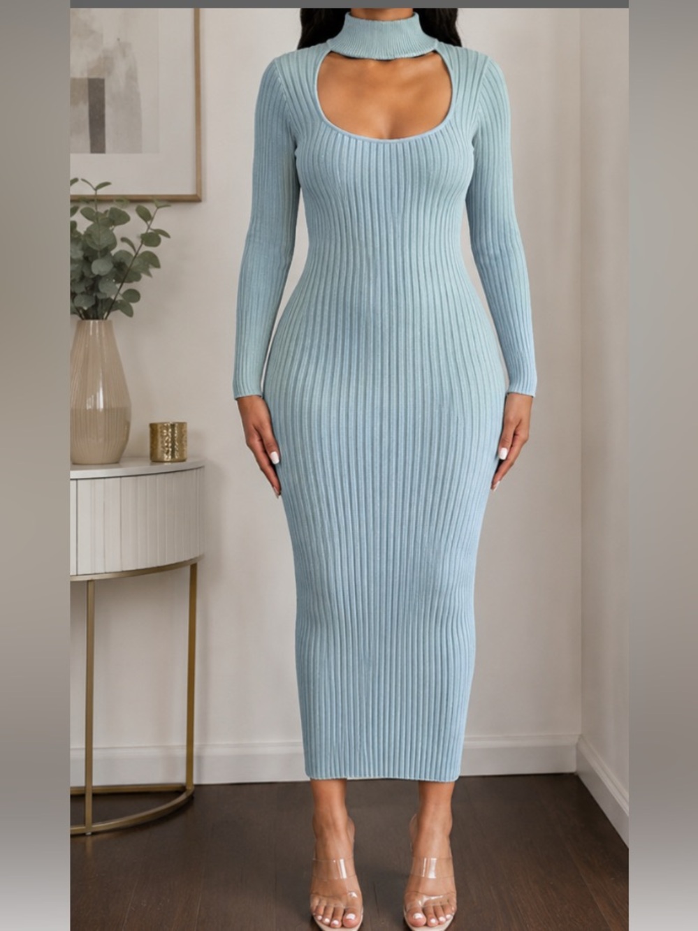 Ribbed Long Sleeve Cutout Midi Dress - Light Blue